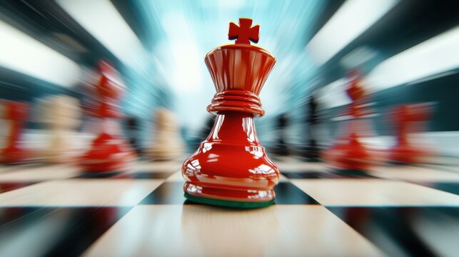 In this striking image, the red chess king stands boldly in focus, surrounded by the blurred elements of the chessboard, emphasizing strategy and prominence in gameplay.