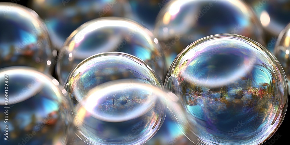 Poster Close up of iridescent soap bubbles reflecting light and colors abstract background