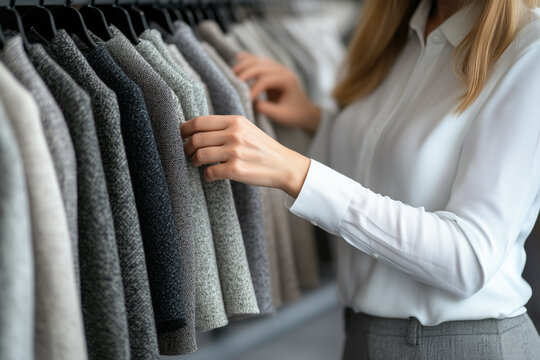Professional saleswoman carefully examining various shades of grey suit fabric hanging on rack, showcasing her expertise in selecting high-quality materials within a retail environment