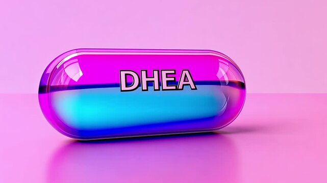 Capsule with DHEA text on pink gradient background, modern health concepts