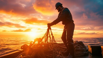 A fisherman skillfully working with his fishing gear on his boat at sunset, symbolizing the dedication of those who depend on the sea for their livelihoods.