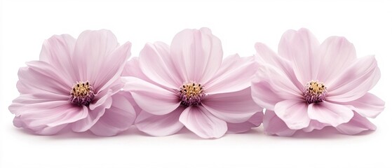 Fototapeta premium Three pale pink cosmos flowers in a row against a white background soft and delicate