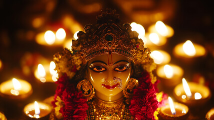 Lakshmiâs face bathed in the soft glow of Diwali lamps, as devotees offer prayers and seek her blessings for prosperity