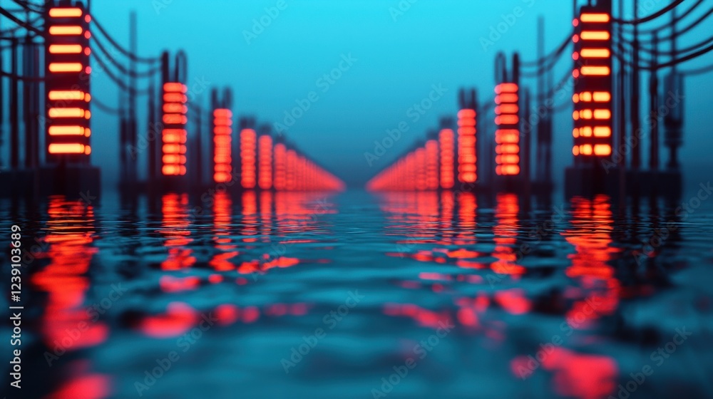 Poster a serene scene featuring illuminated structures reflecting in calm water, creating a striking contra