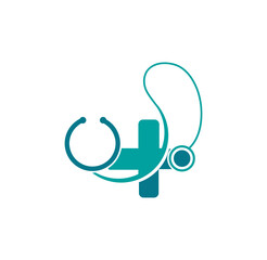 Medical care cross logo with stethoscope equipment around.