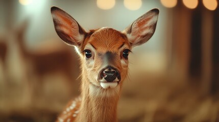 A sweet fawn with a gentle expression stands prominently against a rustic barn background, radiating warmth and love for farm animals and the beauty of country life.