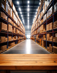 Empty table with blurred warehouse background, organized shelves, and boxes in the background for product display