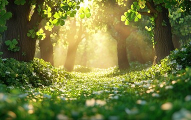 Mystical Irish Forest with Sunlight Filtering Through Shamrock-Covered Trees, Magical Fairy Tale Setting