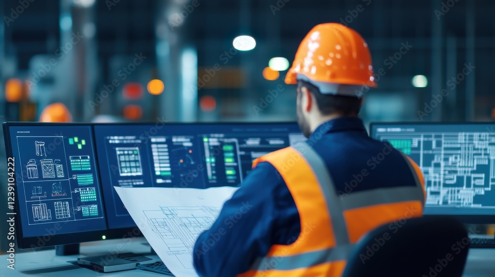 Poster a man in an orange safety helmet and vest observes multiple monitors displaying technical data in an