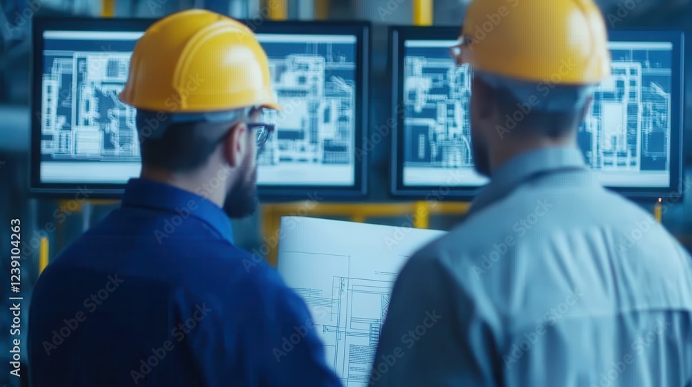 Poster two engineers in hard hats examine blueprints while monitoring digital displays in an industrial set
