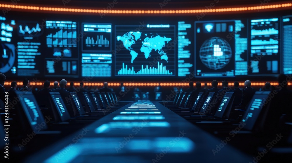 Poster a futuristic control room filled with glowing screens displaying data, graphs, and world maps in a s