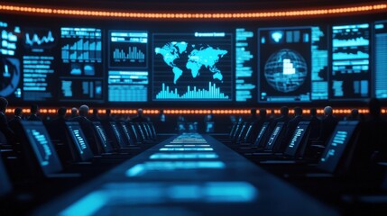 A futuristic control room filled with glowing screens displaying data, graphs, and world maps in a sleek, high-tech environment.