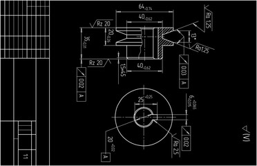Assembly drawing of pulley (roller)
 of electrical reducer.
Vector design of steel mechanical device with 
dimension lines.
Engineering technic computer cad scheme on 
paper sheet. Hand drawn sketch.