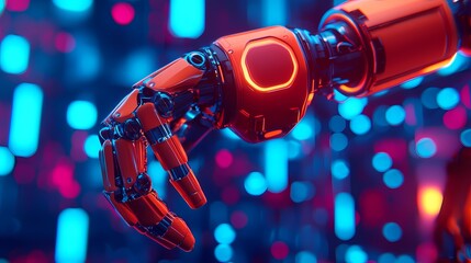 Fototapeta premium A futuristic robotic hand reaches out amidst vibrant blue and red lights, showcasing advanced technology and design in a digital environment.