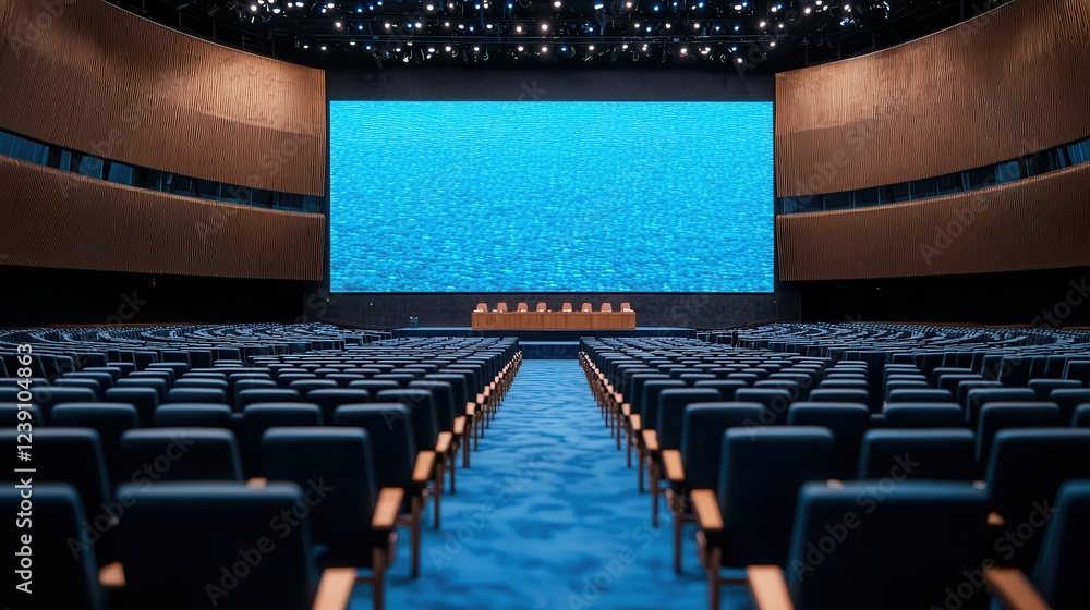 Poster a spacious auditorium with rows of chairs facing a large screen, illuminated by soft overhead lights