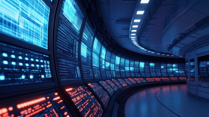 A futuristic control room featuring curved screens displaying blue and red data visuals, evoking a high-tech ambiance.