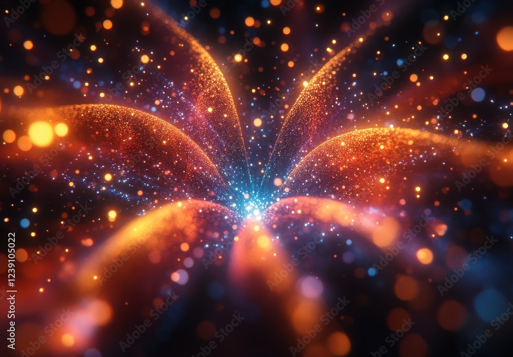 Poster abstract cosmic background with swirling glowing particles and vibrant colors creating a mesmerizing