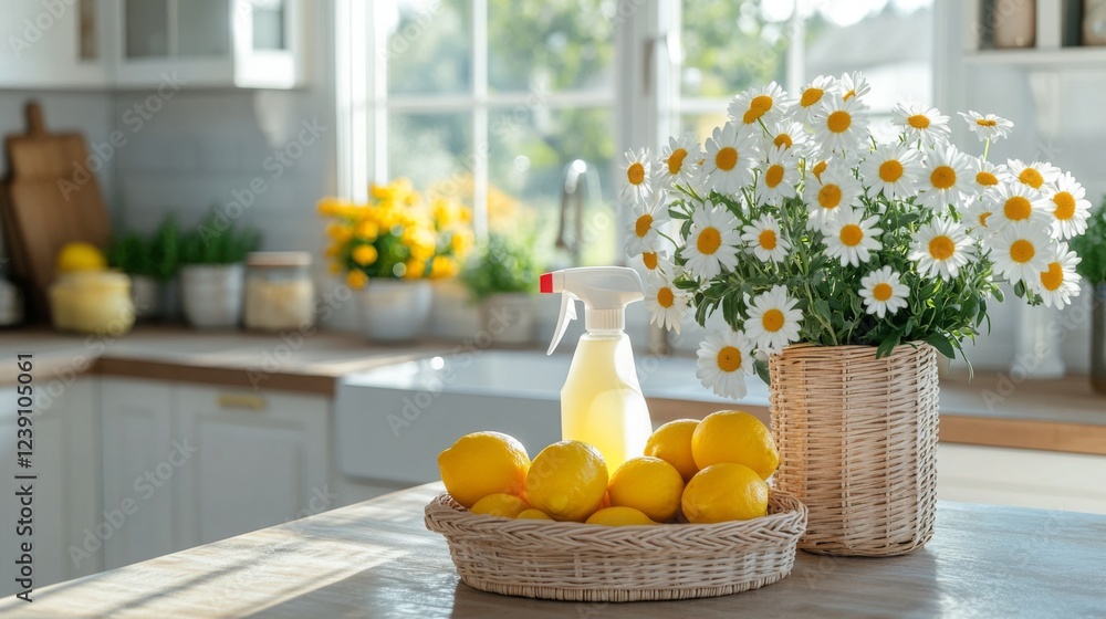 Poster a clean kitchen showcases a basket of fresh lemons and a vase of daisies on a countertop. sunlight s