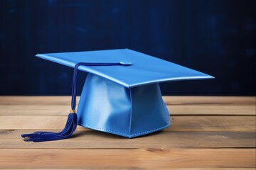 Blue Graduation Cap on Wooden Table - Celebrating Achievement in Education and Graduation