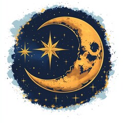 Naklejka premium Celestial Crescent Moon and Bright Star Shine Nightly in Deep Space with Golden Hues, Mystical Cosmic Art