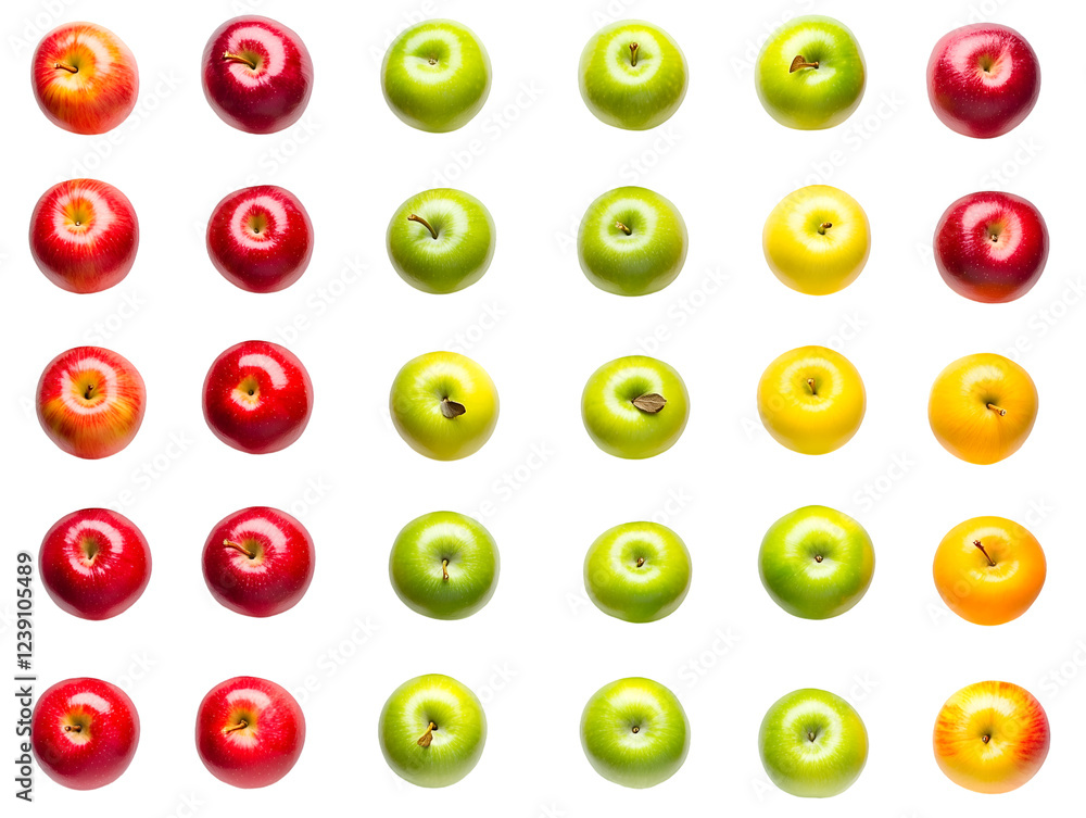 Poster array of colorful apples arranged with multiple rows showcasing the variety of fruit, isolated on tr