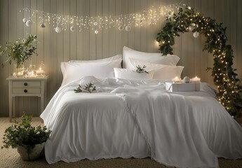 Cozy Bedroom with Elegant Bedding, Fairy Lights and Greenery Decor