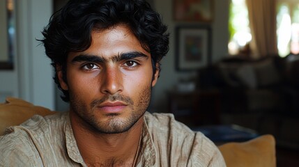 Obraz premium Young man portrait, home interior, serious expression, blurred background, website profile