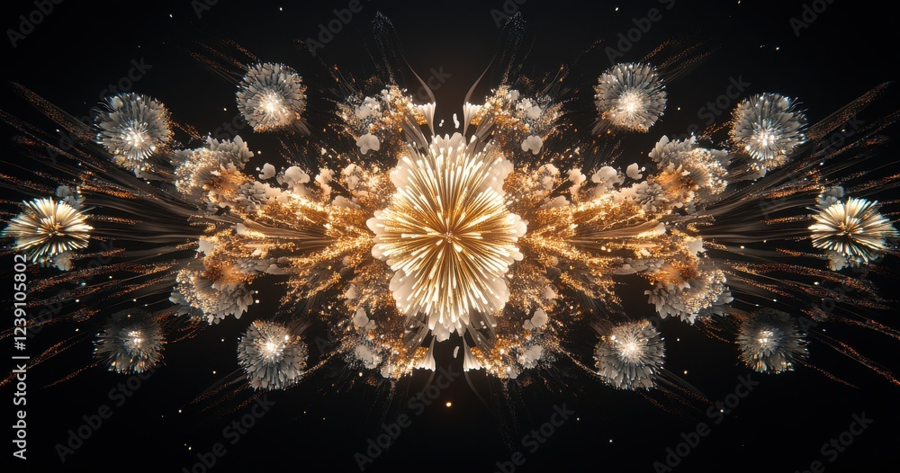 Poster abstract explosion of bright fireworks with beautiful patterns in dark background capturing the esse