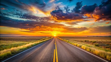 Naklejka premium Minimalist Texas Landscape: Lone Star State Sunset, Open Road, Desert Plains