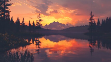 Fototapeta premium Serene sunset over calm lake, vibrant hues reflecting on water, surrounding pine trees creating a tranquil atmosphere.