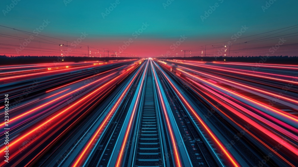 Poster a vibrant image showcasing dynamic light trails on railway tracks against a colorful twilight sky, c