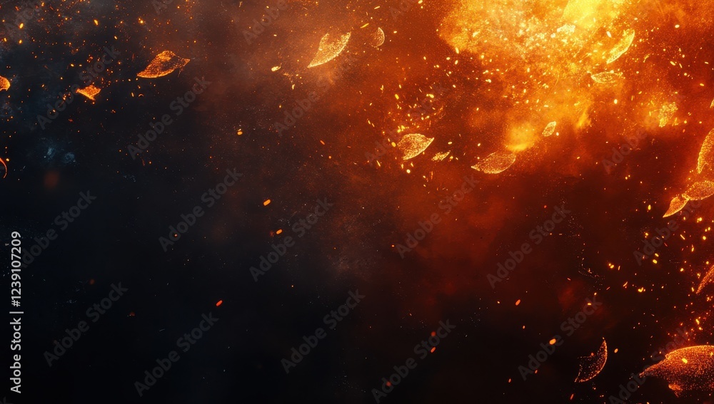 Poster abstract illustration depicting fiery particles and glowing textures in a dark background, showcasin