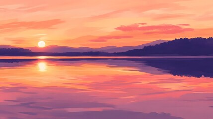 Naklejka premium Serene sunset over tranquil lake, soft pinks and purples reflecting on water, peaceful atmosphere for relaxation and inspiration.