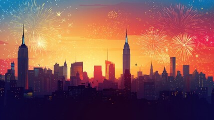 Fototapeta premium Festive Fireworks Display Over New York City Skyline