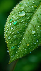 Droplets of water rest on a vibrant green leaf after rain