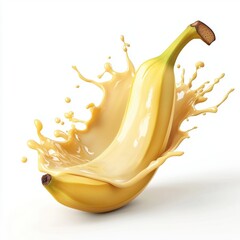 Ripe banana slice with a splash of creamy banana puree, isolated on white background