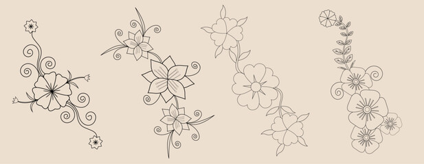 Flower ornament with Leaves Coloring Page outline pattern for embroidery Bundle, Graphic Element Vector design