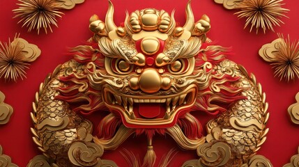 Fototapeta premium Ornate Golden Dragon Mask Festive Chinese Design