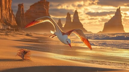 Fototapeta premium Seagull in Flight Over Golden Sandy Beach at Sunset Hour