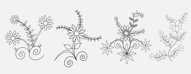 vector Colorful Flowers and plants Bundle, hand drawn pattern for embroidery elements, flowers kids and adults flower illustration element