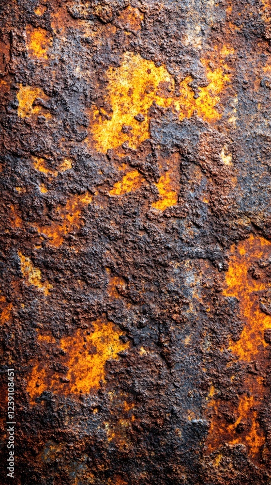 Poster textured surface of aged metal with orange rust and dark corrosion creating abstract pattern