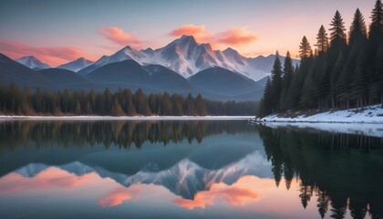 Fototapeta premium Un sereno paisaje montañoso con picos nevados, un lago tranquilo y un vibrante cielo al atardecer. El primer plano presenta un denso bosque de pinos reflejado en las tranquilas aguas, creando una esce