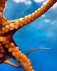 A close-up of an octopus arm, showing its many suckers and intricate texture against a blue water background.