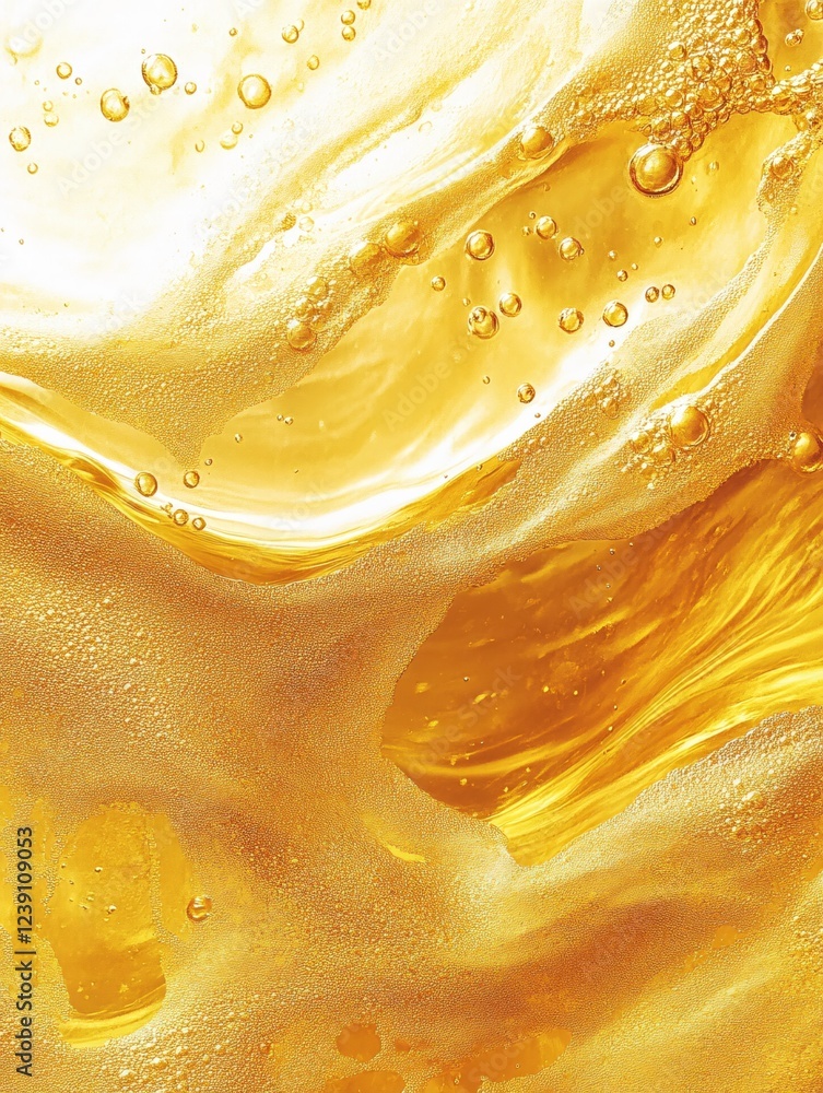 Poster golden liquid with bubbles and texture abstract background for design and creative projects