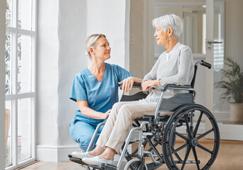 Home, caregiver and old woman in wheelchair for support, assistance and rehabilitation with smile....