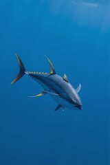 A large yellowfin tuna swims through clear blue water, its yellow fins contrasting against the deep blue background.