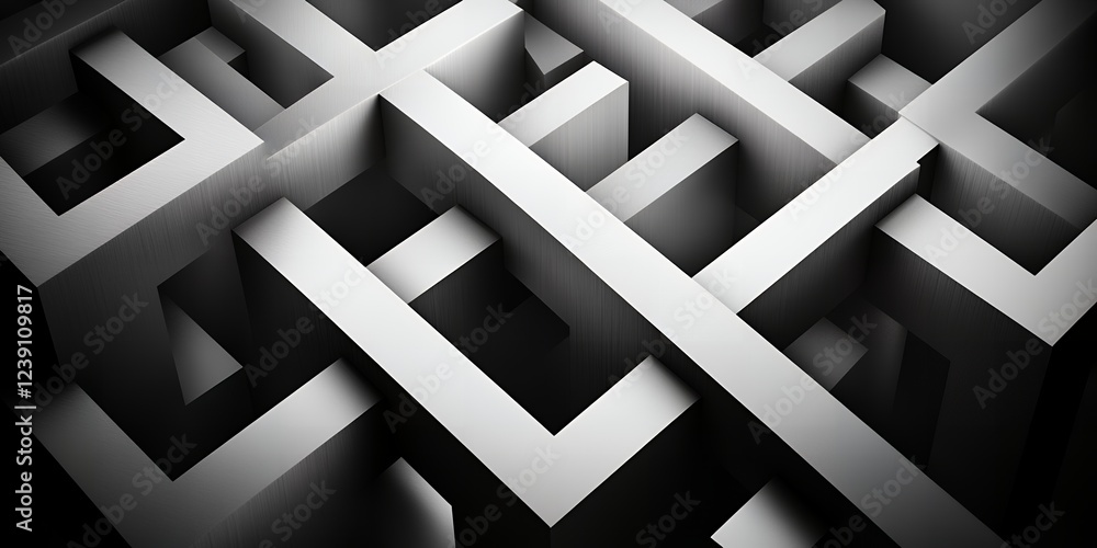 Poster abstract 3d interlocking geometric shapes modern monochrome design black and white grid pattern