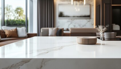 Modern Kitchen Interior Design: Luxurious Marble Countertop and Wooden Bowl