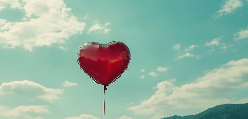 Fototapeta premium A red heart-shaped balloon floating in the air, ideal for Valentinea??s Day or a romantic celebration, isolated against a clean background.