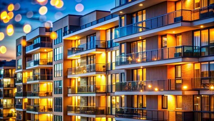 Obraz premium Modern Apartment Building Facade, Bokeh Lights, Evening, Cityscape, Architecture